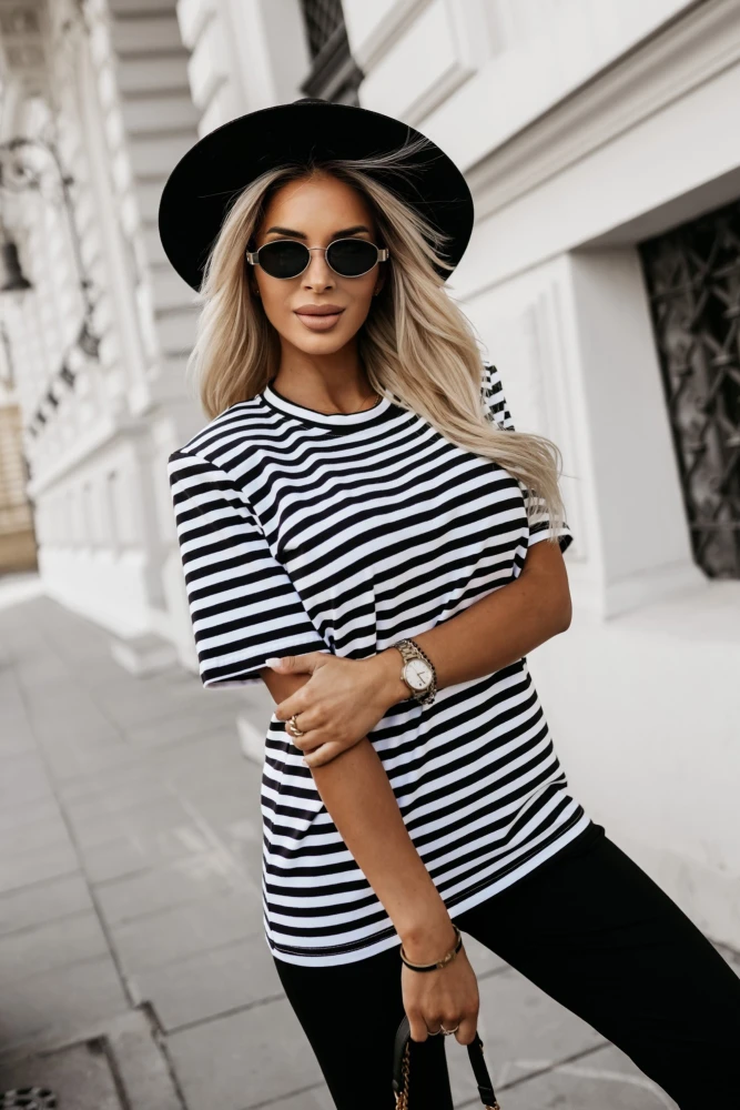 T-SHIRT BAWEŁNIANY SLAY W PASKI BIAŁO-CZARNE