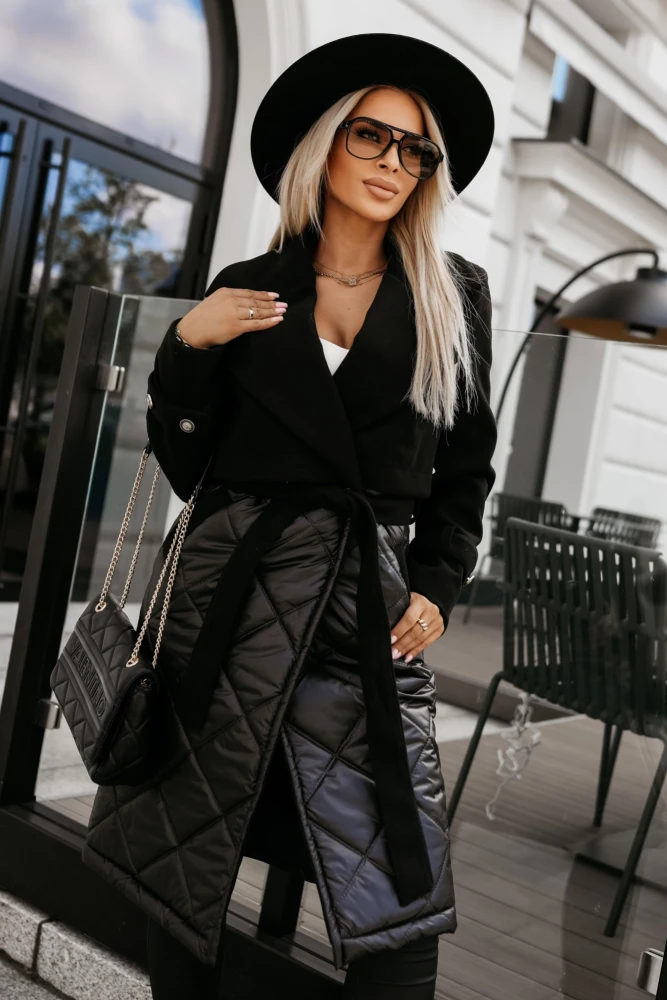 PŁASZCZ Z KOŁNIERZEM Z ŁĄCZONYCH MATERIAŁÓW WIĄZANY W PASIE CZARNY