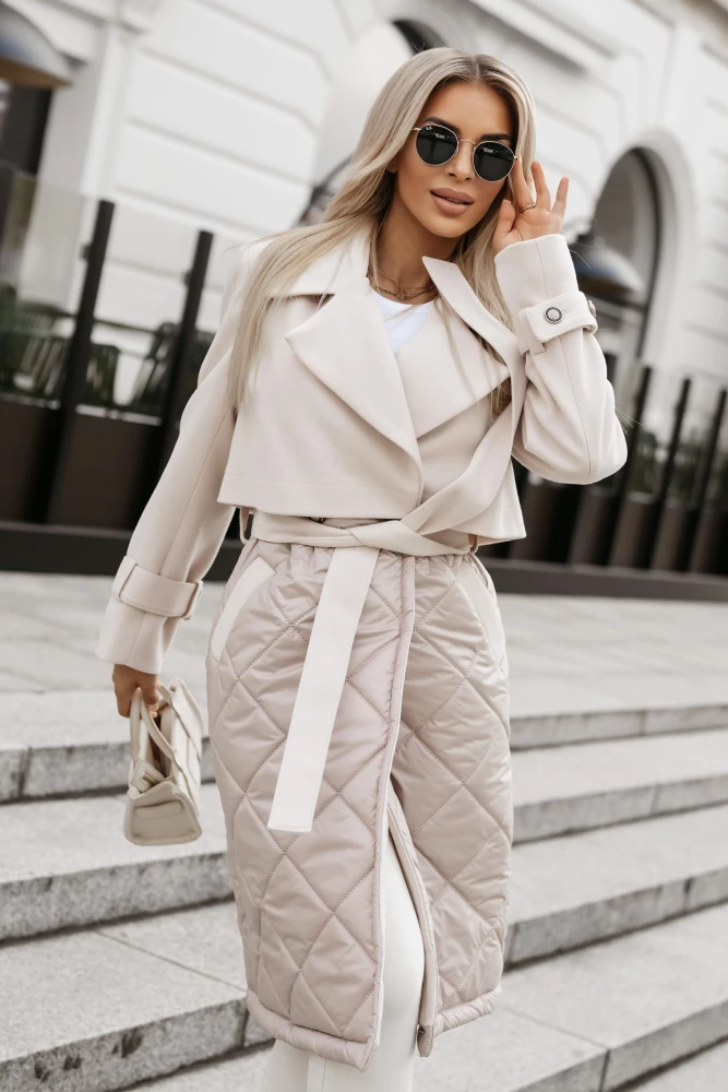 PŁASZCZ Z KOŁNIERZEM Z ŁĄCZONYCH MATERIAŁÓW WIĄZANY W PASIE BEŻOWY