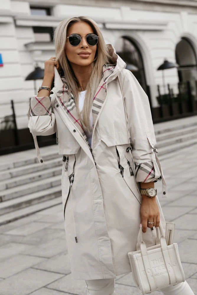 KURTKA PARKA JERRY Z KAPTUREM ZE WSTAWKAMI W KRATĘ BEŻOWA