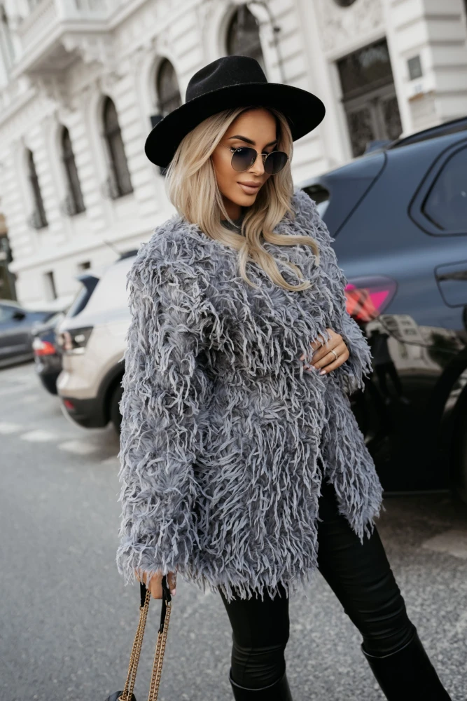 FUTRO ELISABETH ZDOBIONE PIÓRAMI GRAFITOWE