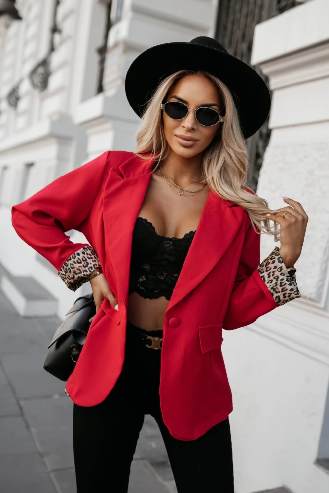 MARYNARKA Z PANTERKOWĄ PODSZEWKĄ CZERWONA