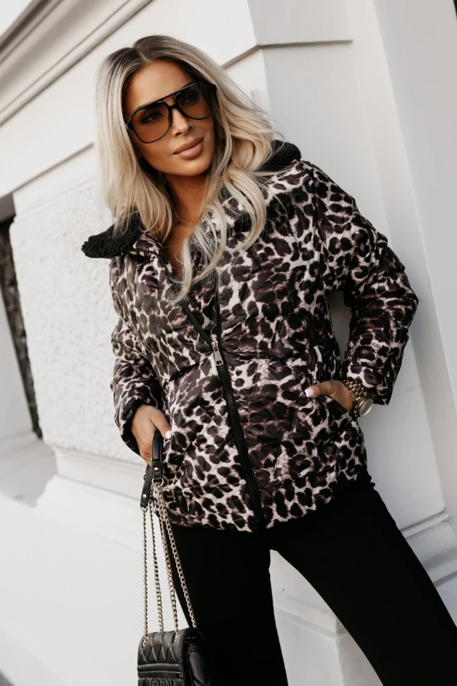 KURTKA PIKOWANA Z WYSOKIM KOŁNIERZEM OBSZYTYM PLUSZEM PANTERA BEŻOWO-CZARNA