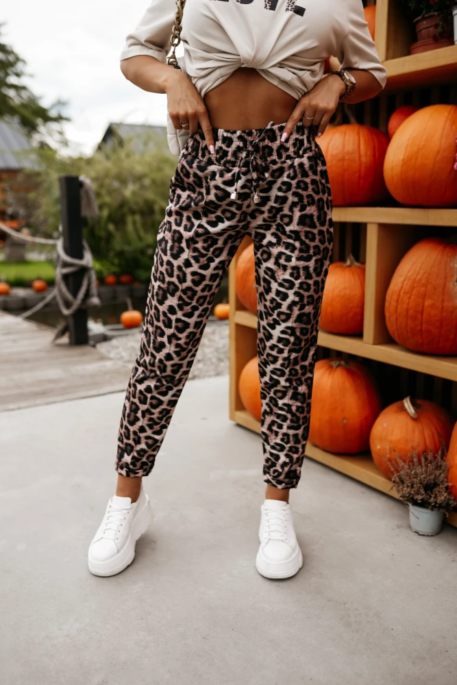 SPODNIE NA GUMĘ Z WYSOKIM STANEM WIĄZANE PANTERKA BEŻOWO-CZARNA