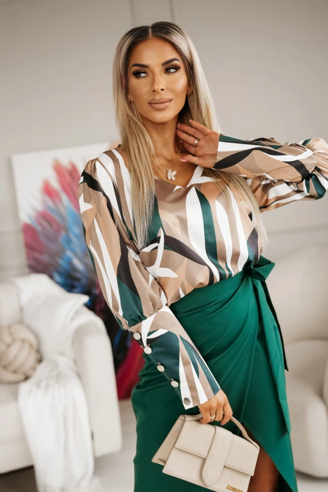 BLUZKA KOSZULOWA RITZ Z ELEGANCKIMI MANKIETAMI ZIELONO-ZŁOTA