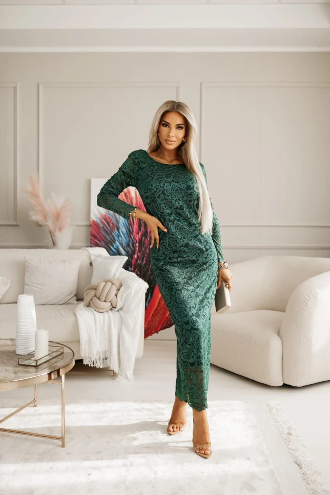 SUKIENKA MAXI VIOLA Z KORONKI Z ODKRYTYMI PLECAMI SZMARAGDOWA ZIELEŃ