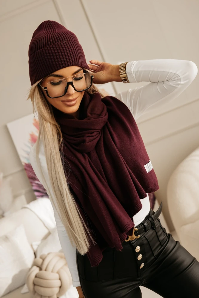 KOMPLET CASHMEERE Z WEŁNY I KASZMIRU SZAL + CZAPKA BURGUNDOWY