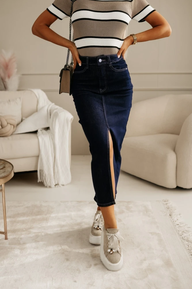 SPÓDNICA JEANSOWA MIDI Z ROZCIĘCIEM Z PRZODU GRANATOWY JEANS