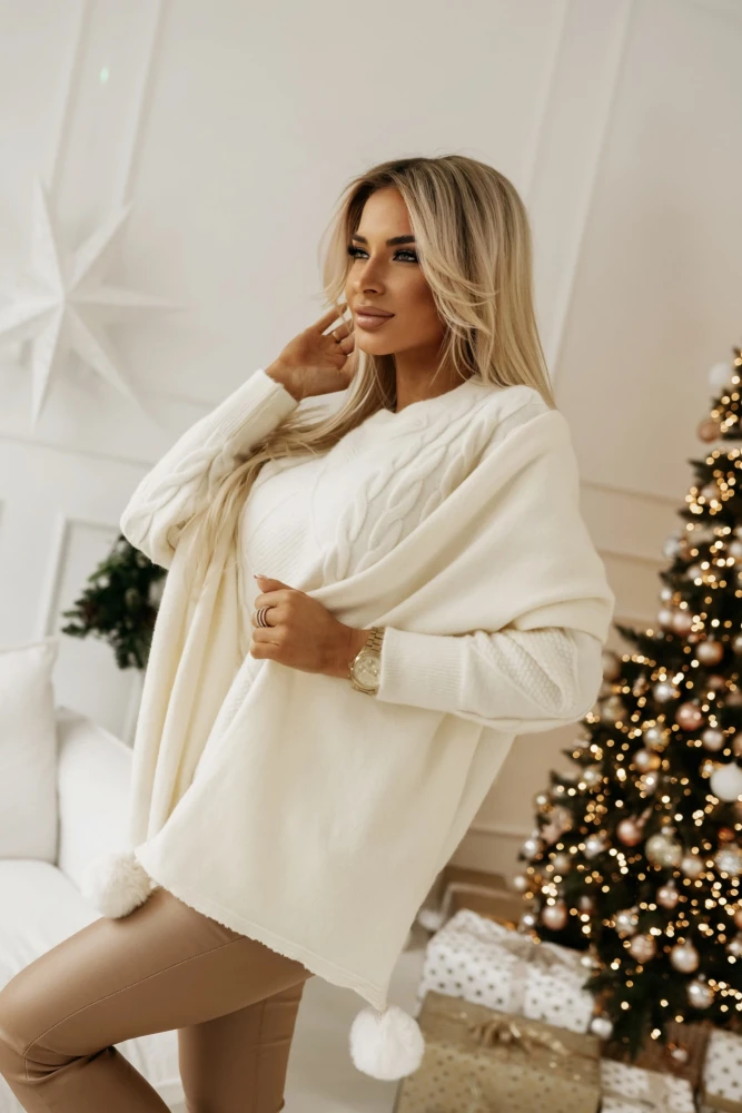 KOMPLET LIMITED SWETER W WARKOCZE + SZAL Z POMPONAMI ECRU