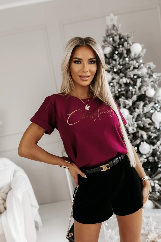 T-SHIRT BAWEŁNIANY ZE ZŁOTYM NAPISEM MERRY CHRISTMAS BURGUNDOWY