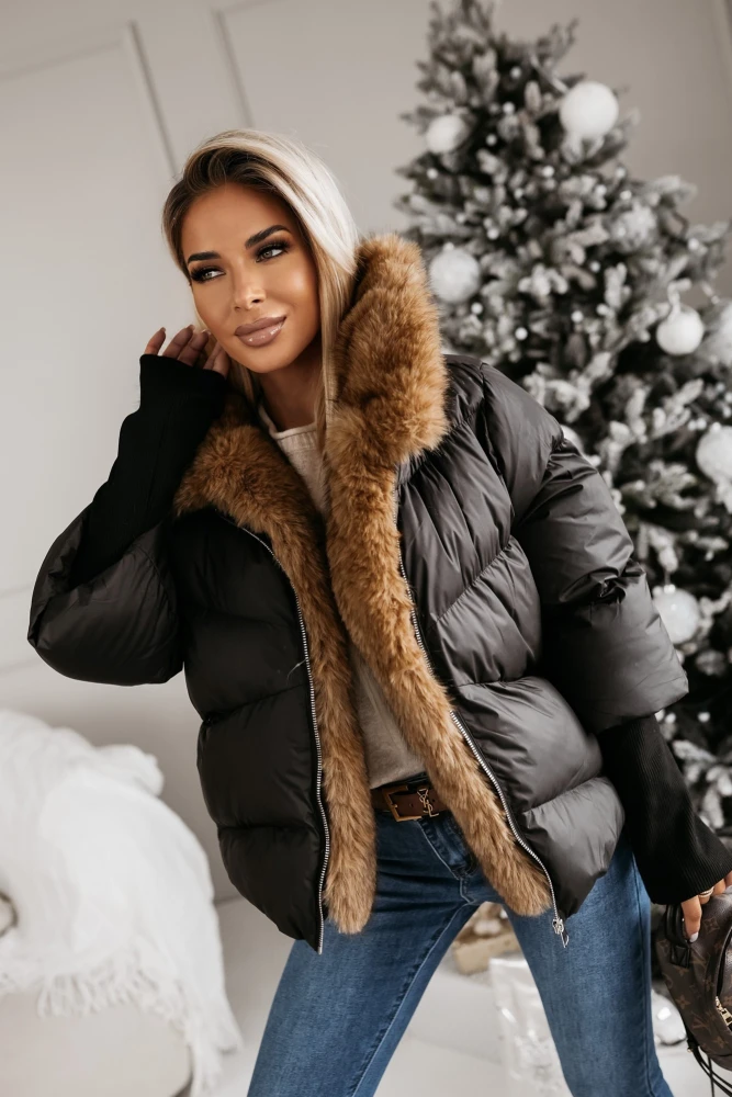 KURTKA PIKOWANA ZIMOWA OBSZYTA FUTREM CZARNA