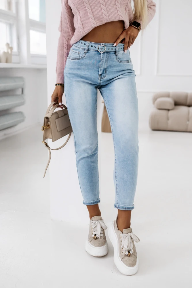 SPODNIE JEANSOWE TYPU BOYFRIEND Z PASKIEM W KOMPLECIE BŁĘKITNY JEANS