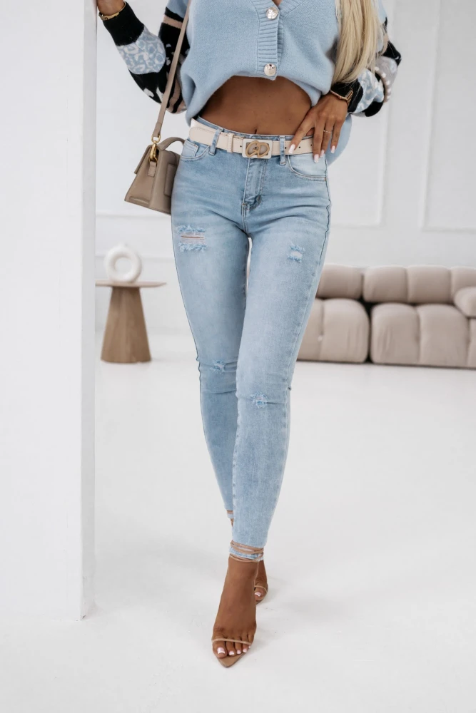 SPODNIE JEANSOWE ZE ŚREDNIM STANEM Z PASKIEM W KOMPLECIE JASNY JEANS