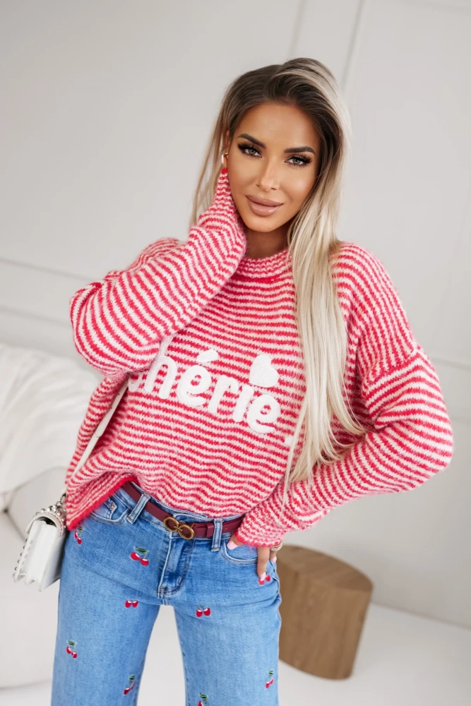 SWETER MILLENIUM W PASKI Z WEŁNĄ CHERIE CZERWONO-BIAŁY
