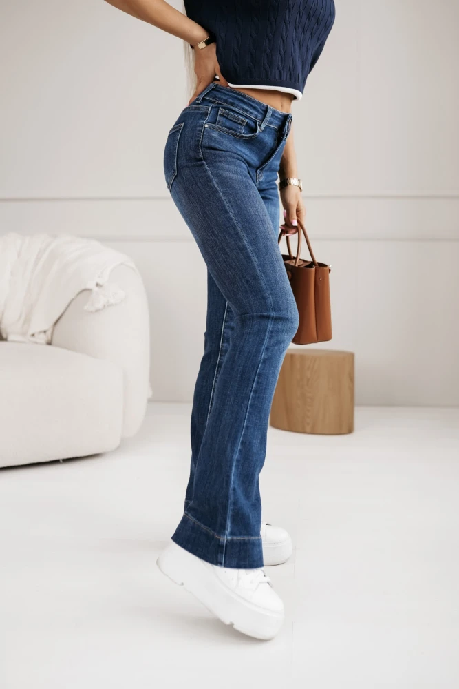 SPODNIE JEANSOWE DZWONY Z PRZESZYCIAMI GRANATOWY JEANS