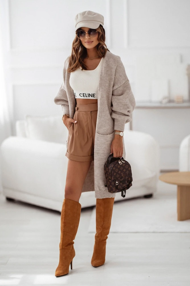 KARDIGAN TAGO LONG Z KIESZENIAMI BEŻOWY