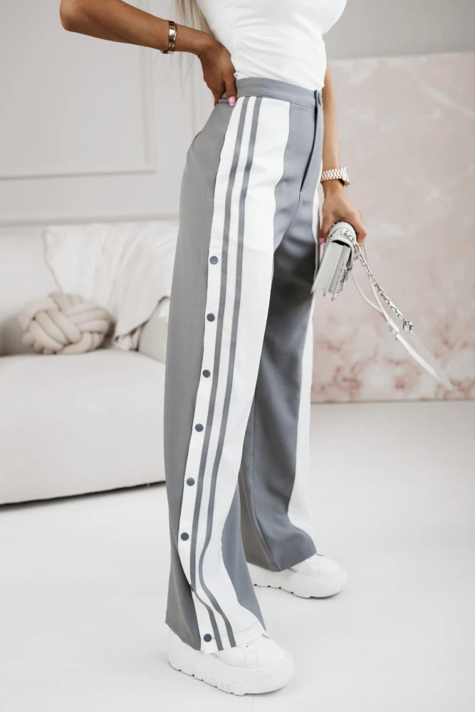 SPODNIE MATERIAŁOWE Z LAMPASAMI GRAFITOWO-BIAŁE