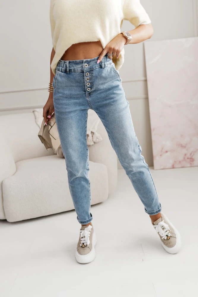 SPODNIE JEANSOWE Z GUMĄ W PASIE Z WYSOKIM STANEM NIEBIESKI JEANS