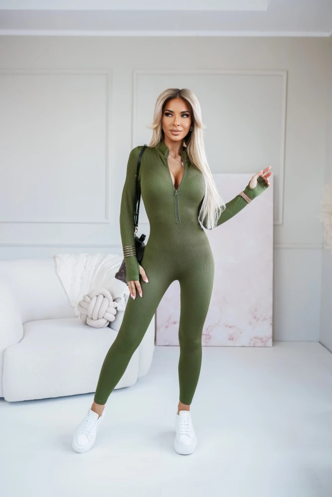 KOMBINEZON EMILIE Z PRĄŻKOWANEGO MATERIAŁU ZIP KHAKI