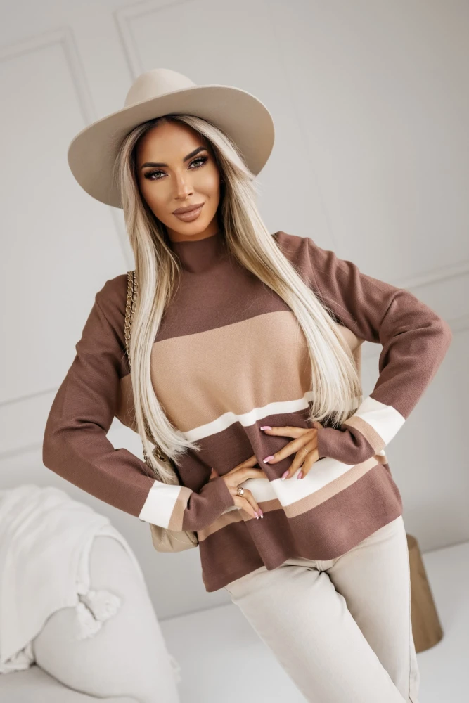 SWETER DOLCE O KROJU OVERSIZE W PASKI BRĄZOWO-BEŻOWY