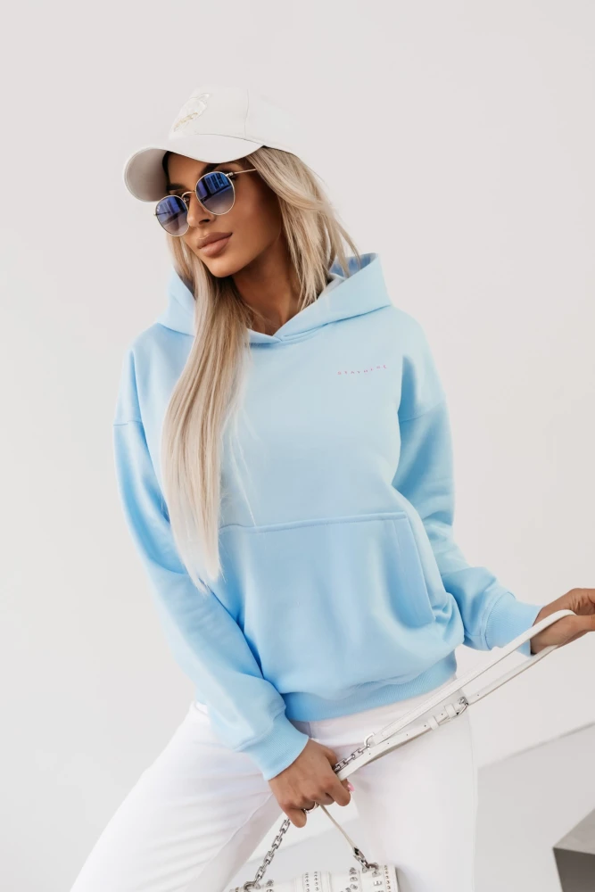 BLUZA BAWEŁNIANA Z MINIMALISTYCZNYM NAPISEM BŁĘKITNA