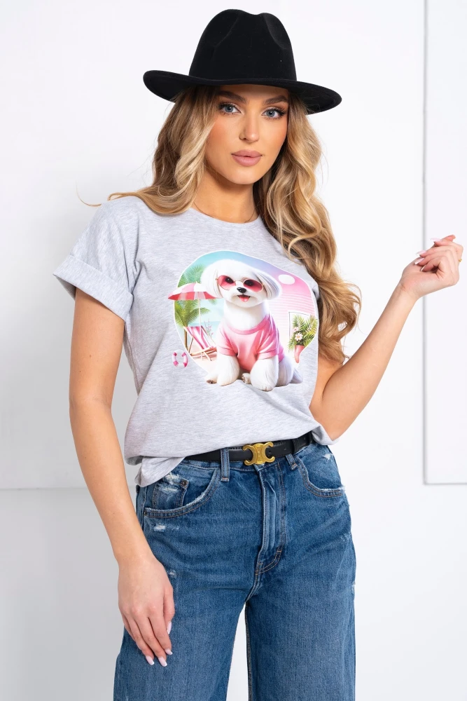 T-SHIRT BAWEŁNIANY Z PIESKIEM SZARY