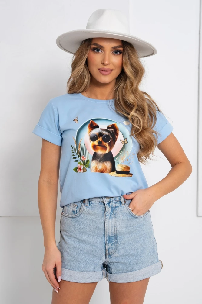 T-SHIRT BAWEŁNIANY Z NADRUKIEM YORK TERRIER BŁĘKITNY