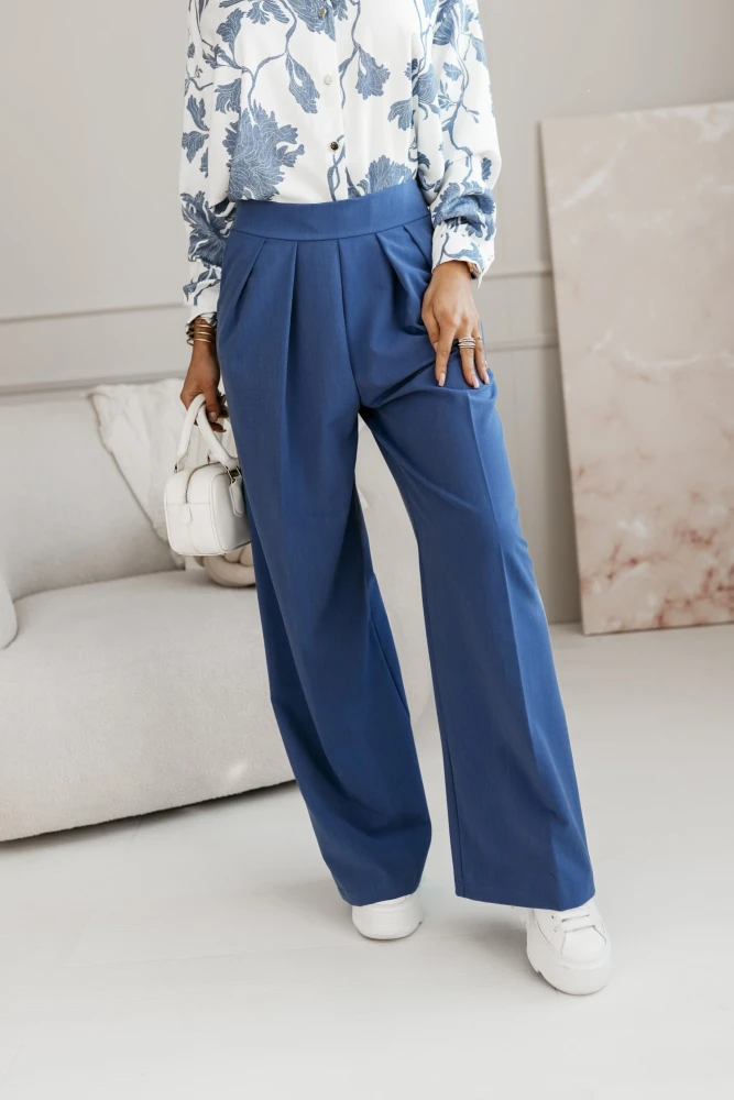 SPODNIE MATERIAŁOWE ROBBEN Z WYSOKIM STANEM Z GUMĄ W PASIE NIEBIESKIE