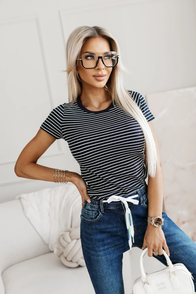 T-SHIRT CLASSIC W PASKI GRANATOWO-BIAŁE