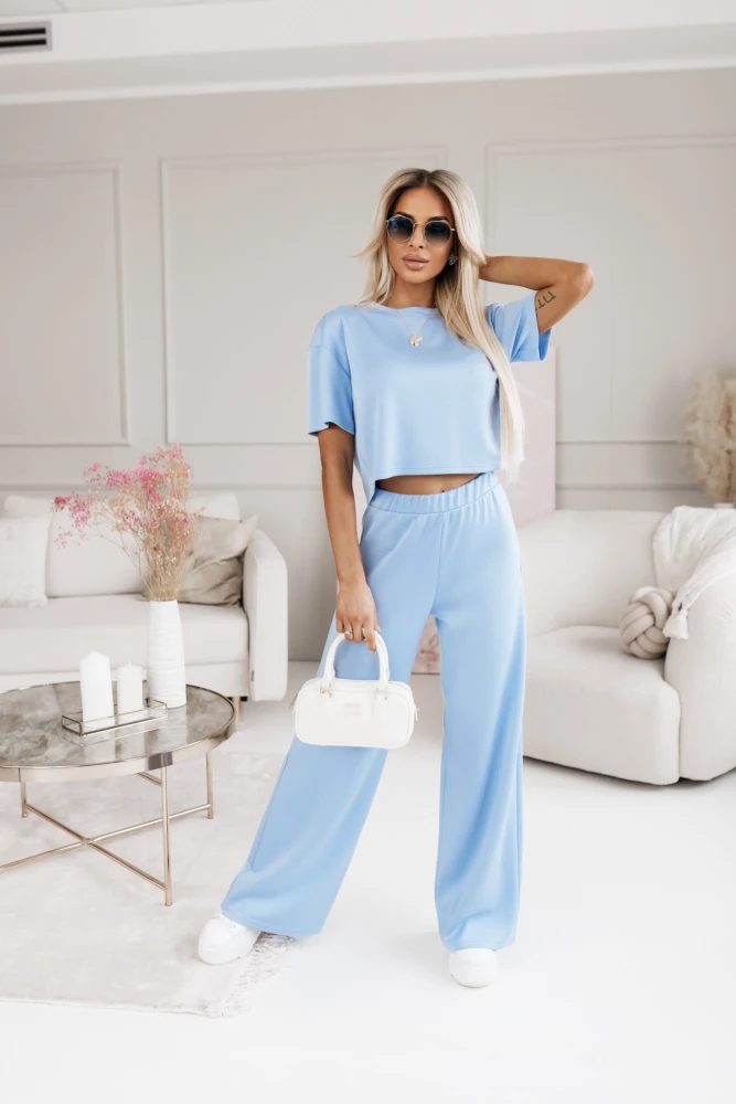 KOMPLET DRESOWY LOLA BLUZKA + SPODNIE Z WYSOKIM STANEM BŁĘKITNY