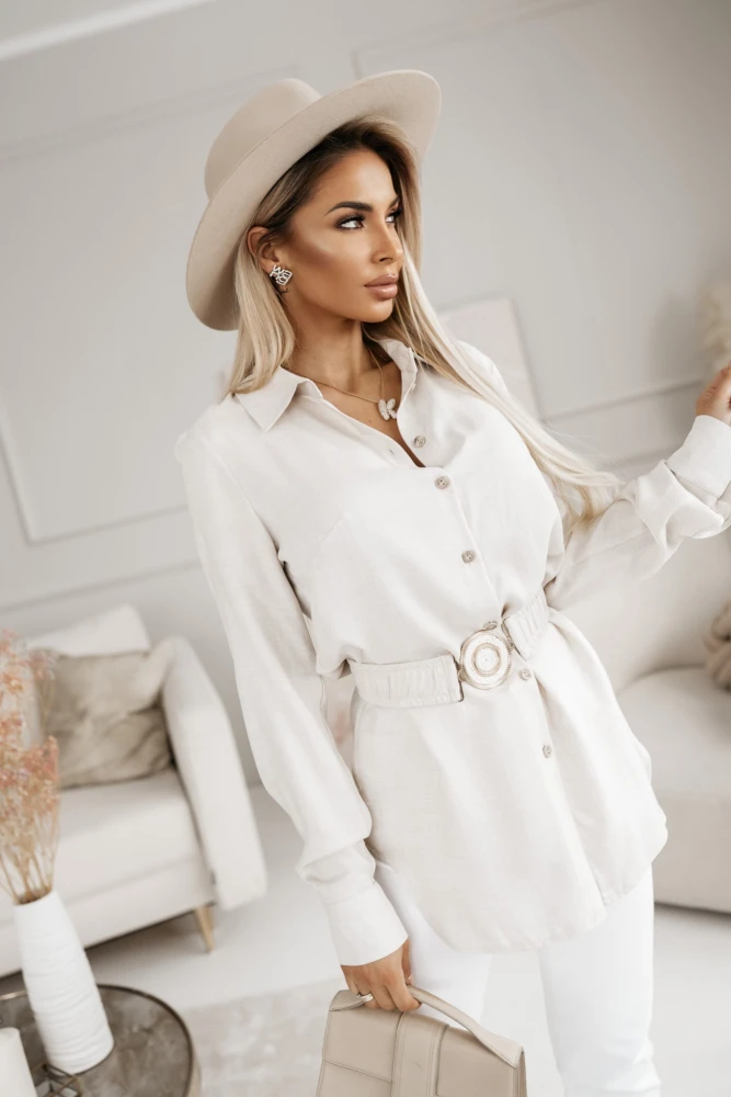 TUNIKA KOSZULA RAYON Z WISKOZY Z PASKIEM W KOMPLECIE BEŻOWA