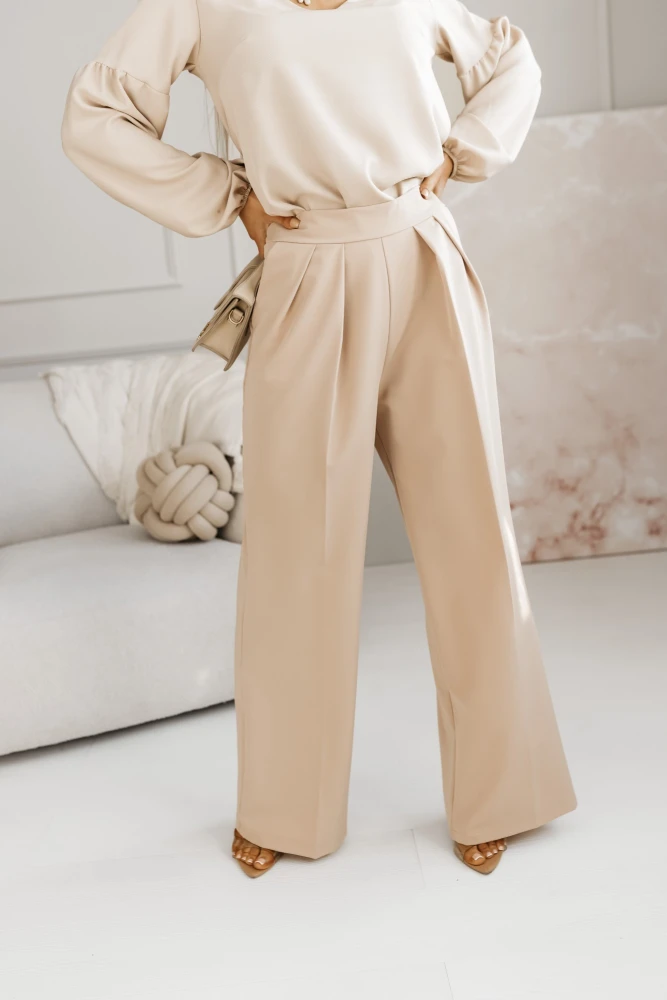 SPODNIE MATERIAŁOWE ROBBEN Z WYSOKIM STANEM Z GUMĄ W PASIE BEŻOWE