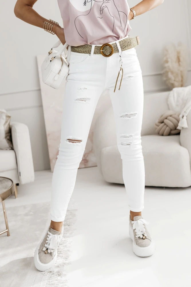 SPODNIE JEANSOWE SLIM FIT Z DZIURAMI Z WYSOKIM STANEM Z PASKIEM W KOMPLECIE BIAŁE