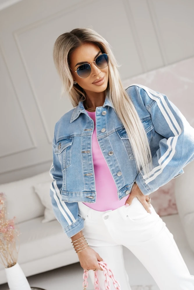 KURTKA JEANSOWA Z BIAŁYMI LAMPASAMI NIEBIESKI JEANS