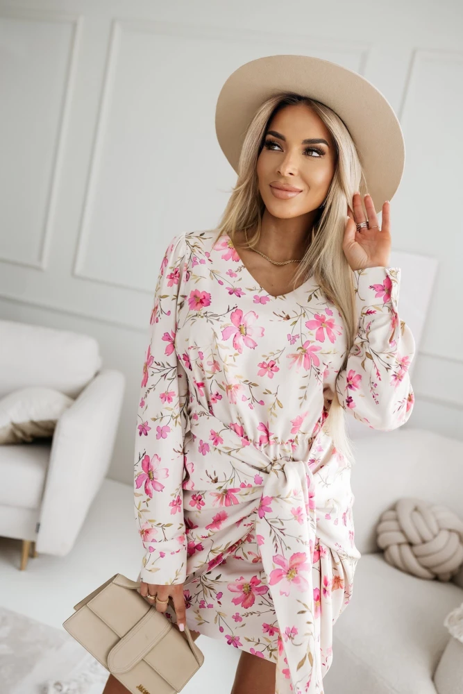 SUKIENKA KAJA Z WIĄZANĄ SZARFĄ W KWIATUSZKI BEŻOWA