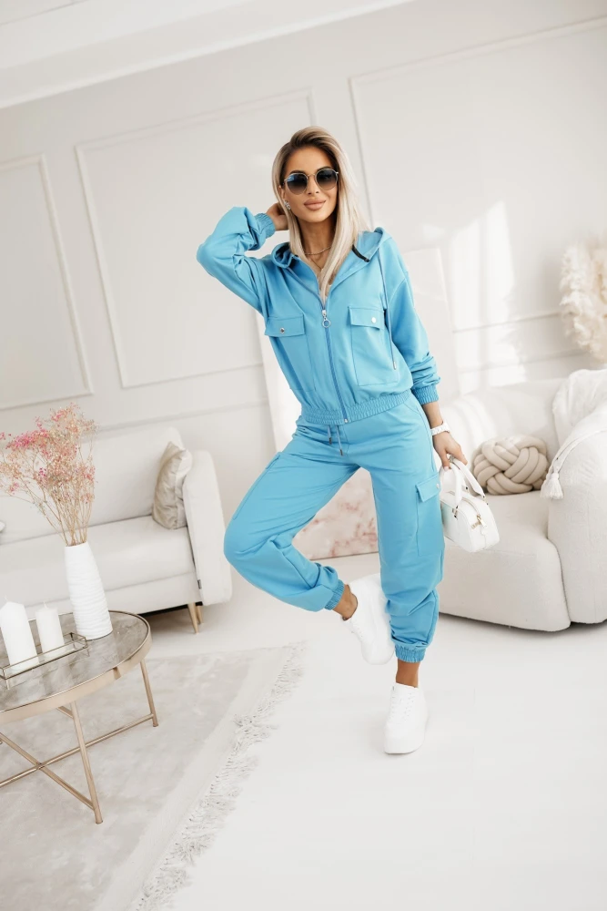 KOMPLET DRESOWY BAWEŁNIANY BING BLUZA Z KAPTUREM + SPODNIE CARGO NIEBIESKI