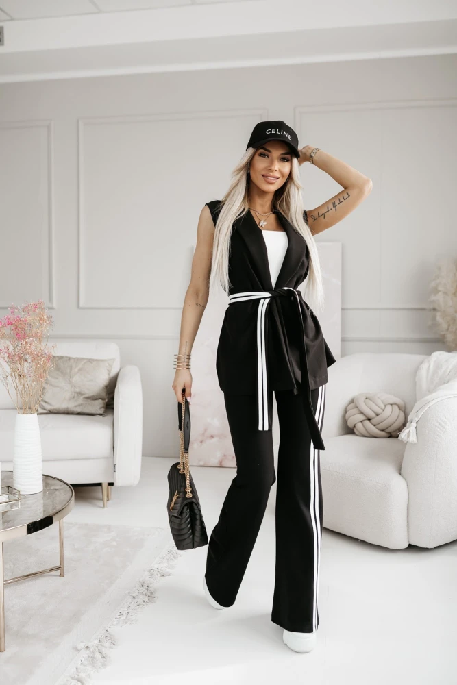 KOMPLET SPORTOWO-ELEGANCKI KAMIZELKA + SPODNIE Z WYSOKIM STANEM CZARNY Z BIAŁYMI LAMPASAMI