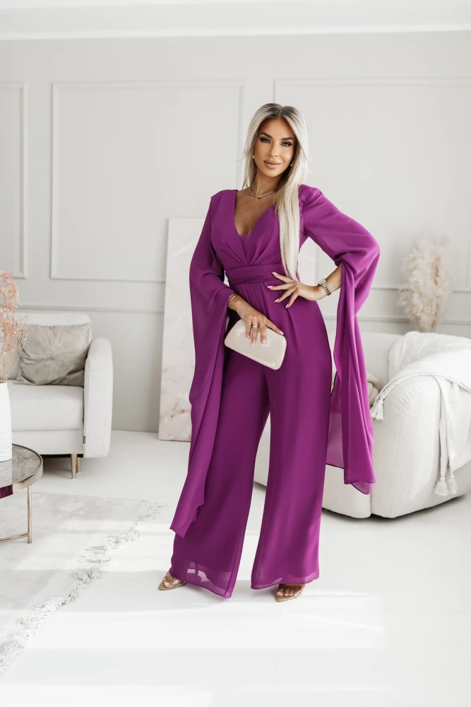 KOMBINEZON SZYFONOWY ALEXIS Z EFEKTOWNYMI SZARFAMI JAGODOWY