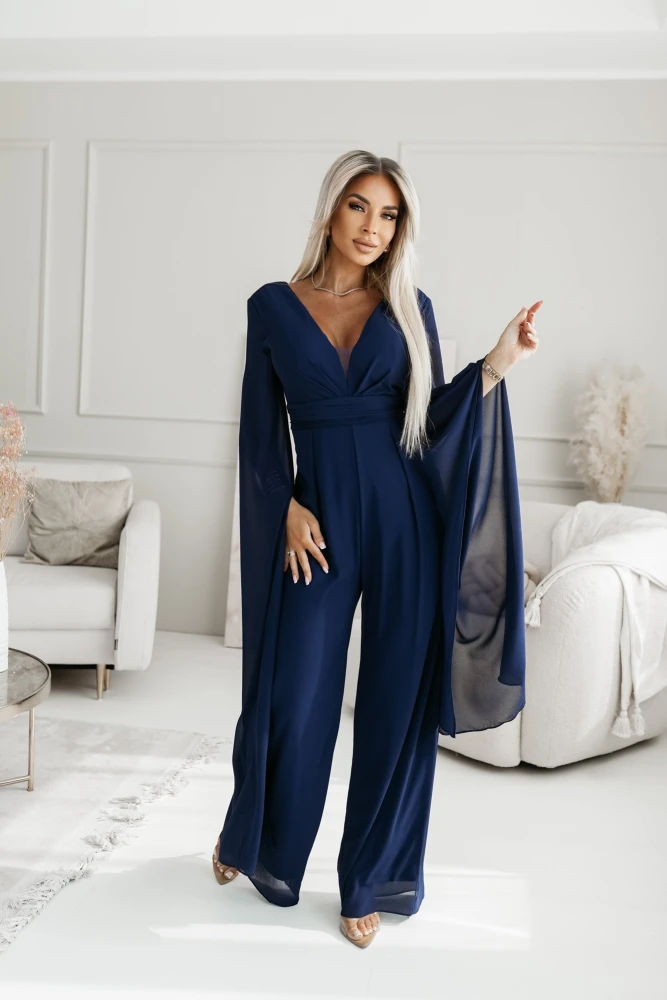 KOMBINEZON SZYFONOWY ALEXIS Z EFEKTOWNYMI SZARFAMI GRANATOWY