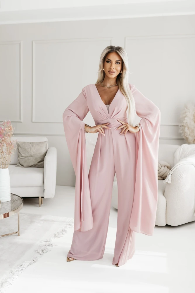 KOMBINEZON SZYFONOWY ALEXIS Z EFEKTOWNYMI SZARFAMI BRUDNY RÓŻ