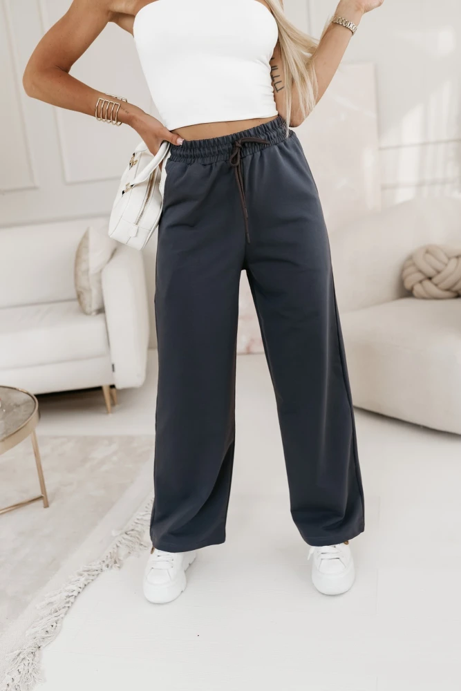 SPODNIE DRESOWE MOLLY Z SZEROKIMI NOGAWKAMI Z GUMĄ W PASIE GRAFITOWE