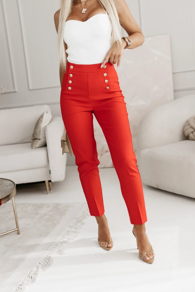 SPODNIE CYGARETKI Z WYSOKIM STANEM BUTTONS CZERWONE