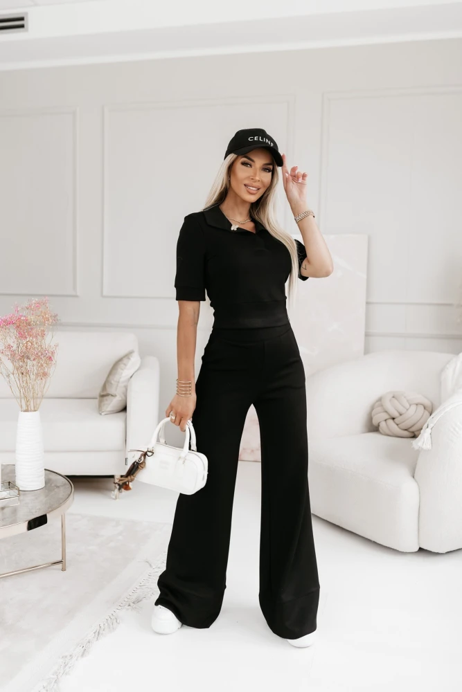 KOMPLET DZIANINOWY PANAMA BLUZKA POLO + SPODNIE SZEROKIE Z WYSOKIM STANEM CZARNY