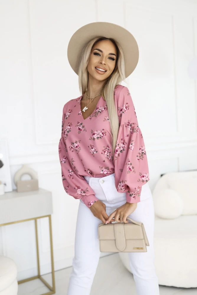 BLUZKA KOSZULOWA ISABEL Z SZEROKIMI RĘKAWAMI RÓŻOWA W KWIATY