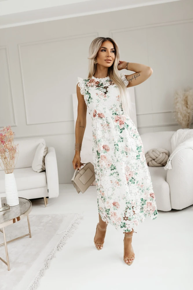 SUKIENKA MIDI MANUELA Z KOLOROWEJ GIPIURY W KWIATY BEŻOWA