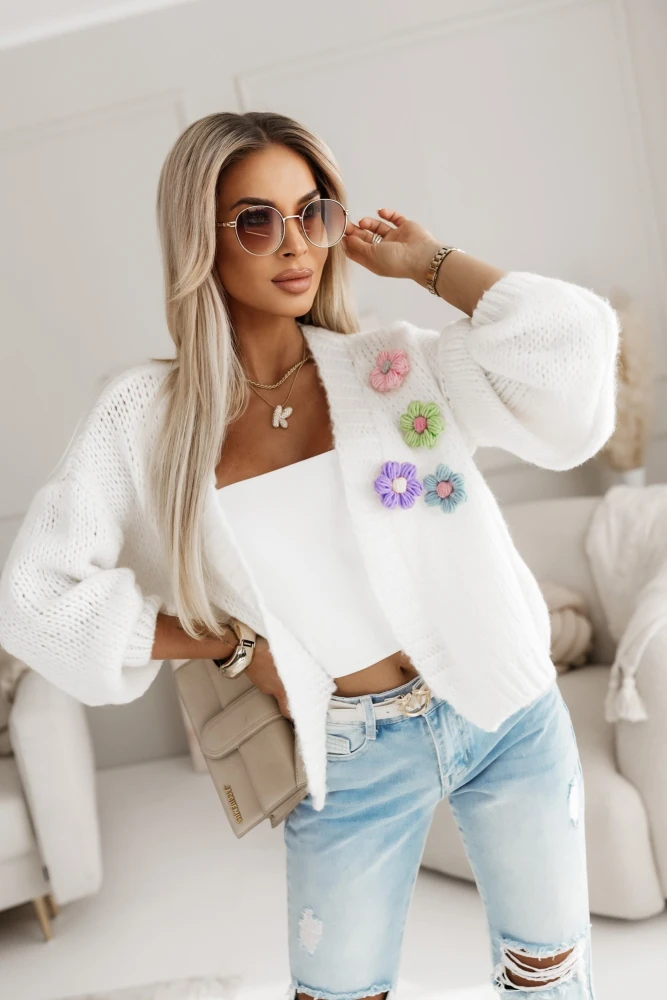 KARDIGAN MALTA ZDOBIONY KOLOROWYMI KWIATAMI HANDMADE ECRU