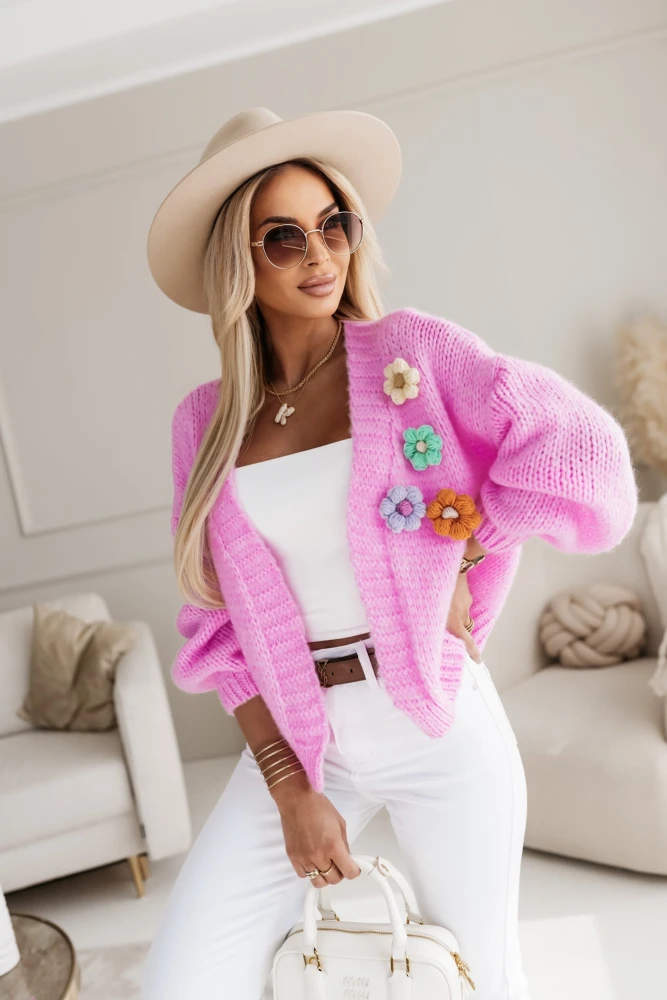 KARDIGAN MALTA ZDOBIONY KOLOROWYMI KWIATAMI HANDMADE RÓŻOWY