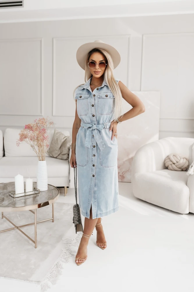 SUKIENKA JEANSOWA MIDI MONICA Z PASKIEM W KOMPLECIE BŁĘKITNY JEANS