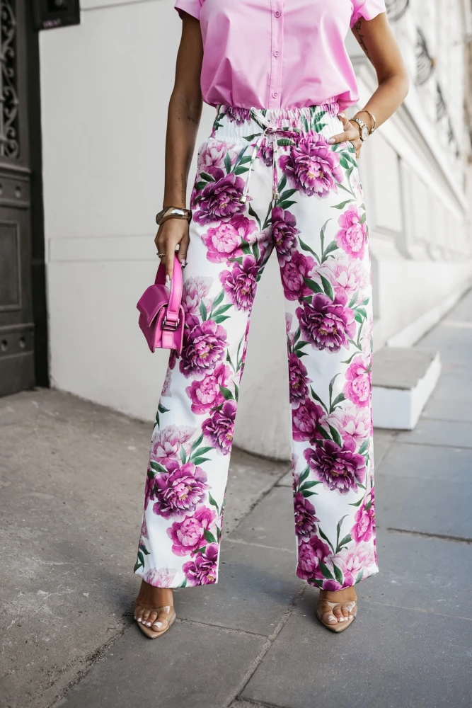 SPODNIE MATERIAŁOWE RICKY W KWIATY ECRU-RÓŻOWE