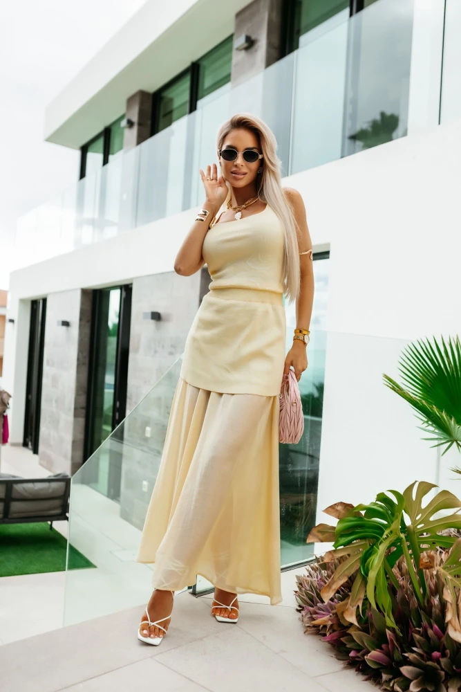 KOMPLET SELENA Z WISKOZY TOP + SPÓDNICA MAXI ŻÓŁTY